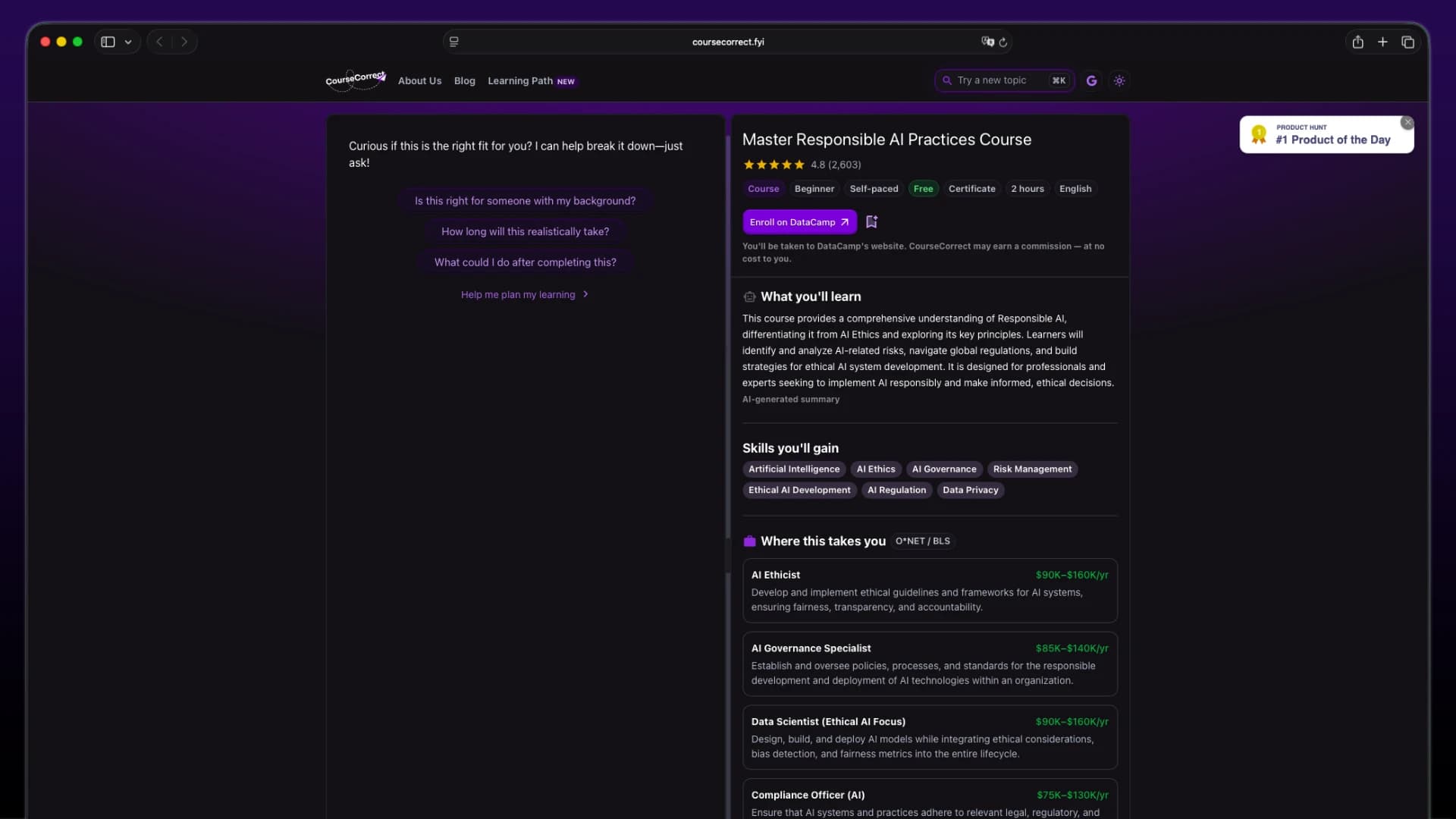 Placeholder: course detail with AI summary / skills / enroll CTA