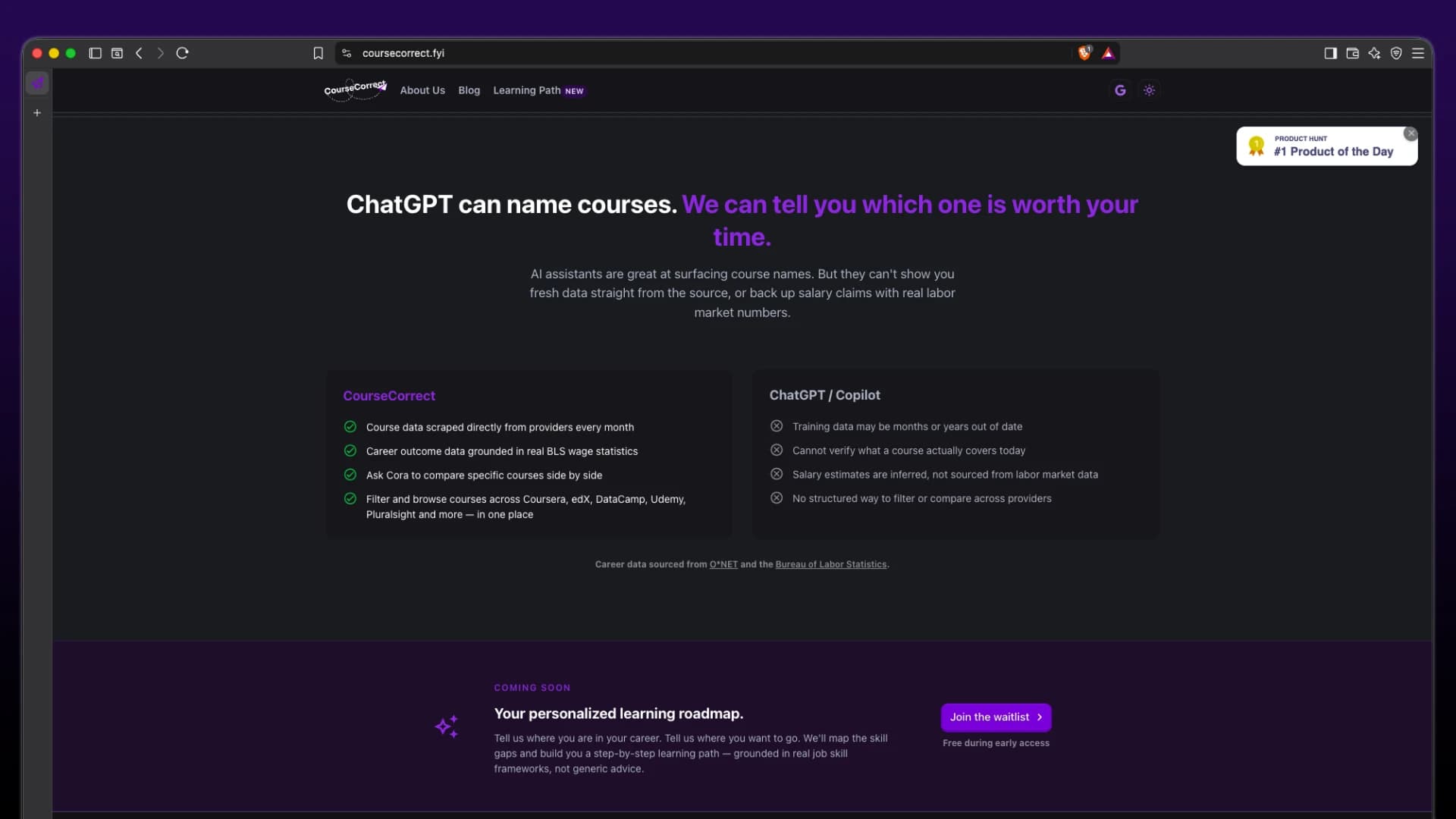 Optional: side-by-side “CourseCorrect vs ChatGPT” marketing section from the homepage